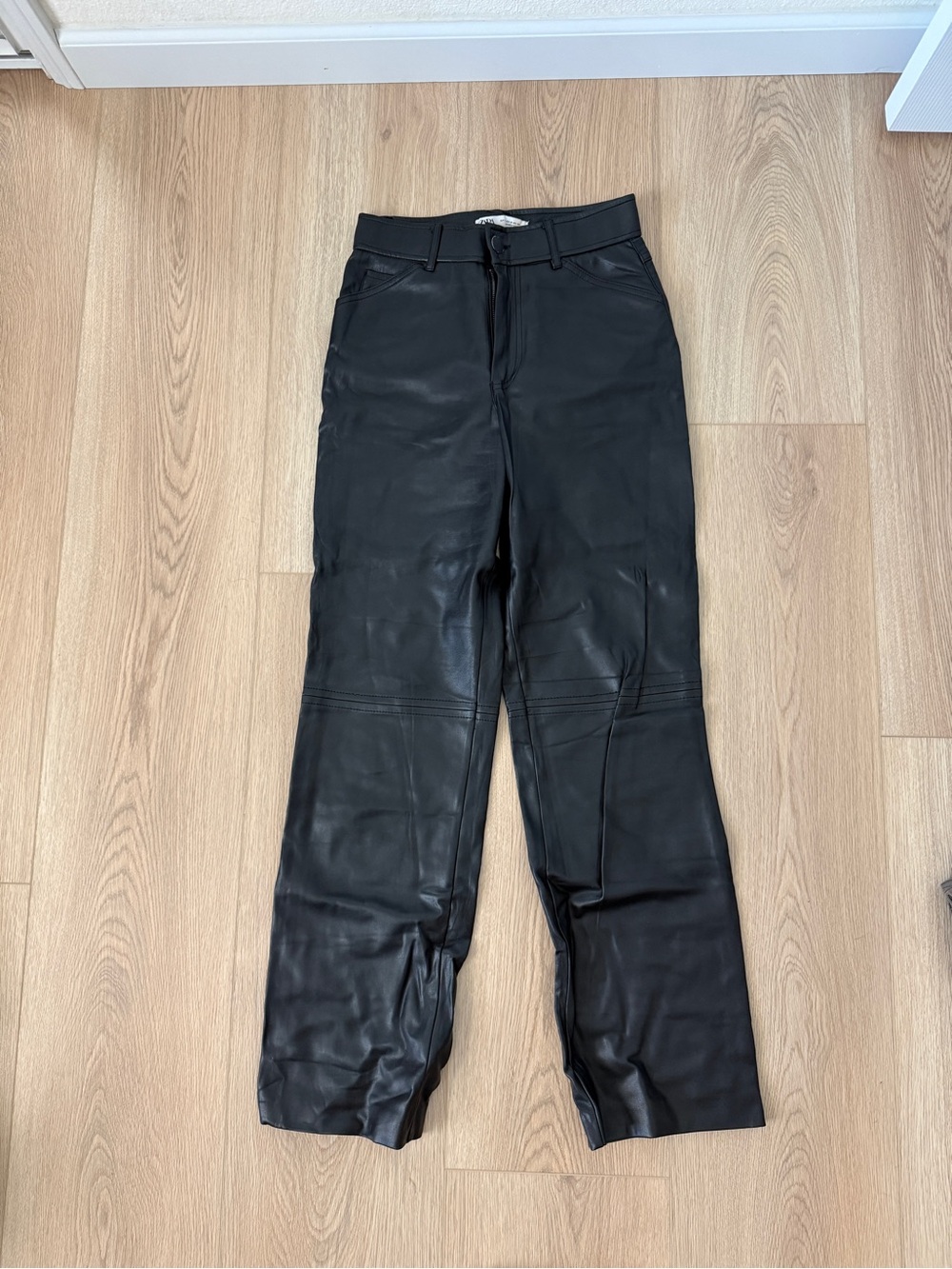 Zara Black Faux Leather Wide-Leg Jeans